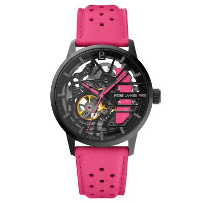 Caliper with black dial and fuschia pink leather strap -145G895