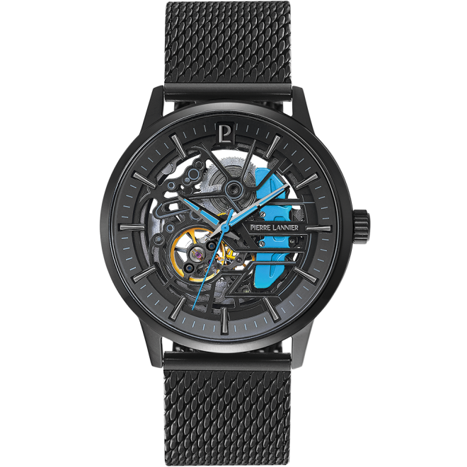 Caliper with black and blue dial and black mesh strap – 345A469