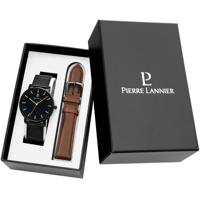 Men Set Essential Black Dial Brown Leather Strap - 388C439