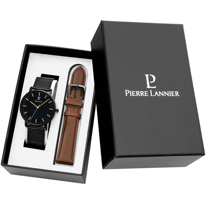 Men Set Essential Black Dial Brown Leather Strap - 388C439