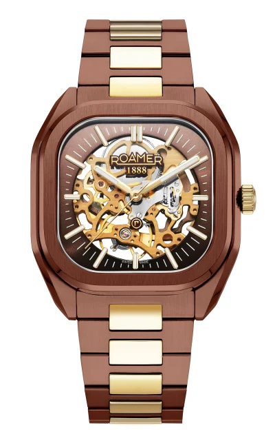 Roamer Mechano mens skeleton watch Brown and Gold  985986 43 65 20