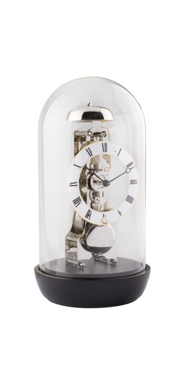 Black and nickel skeleton mantle clock