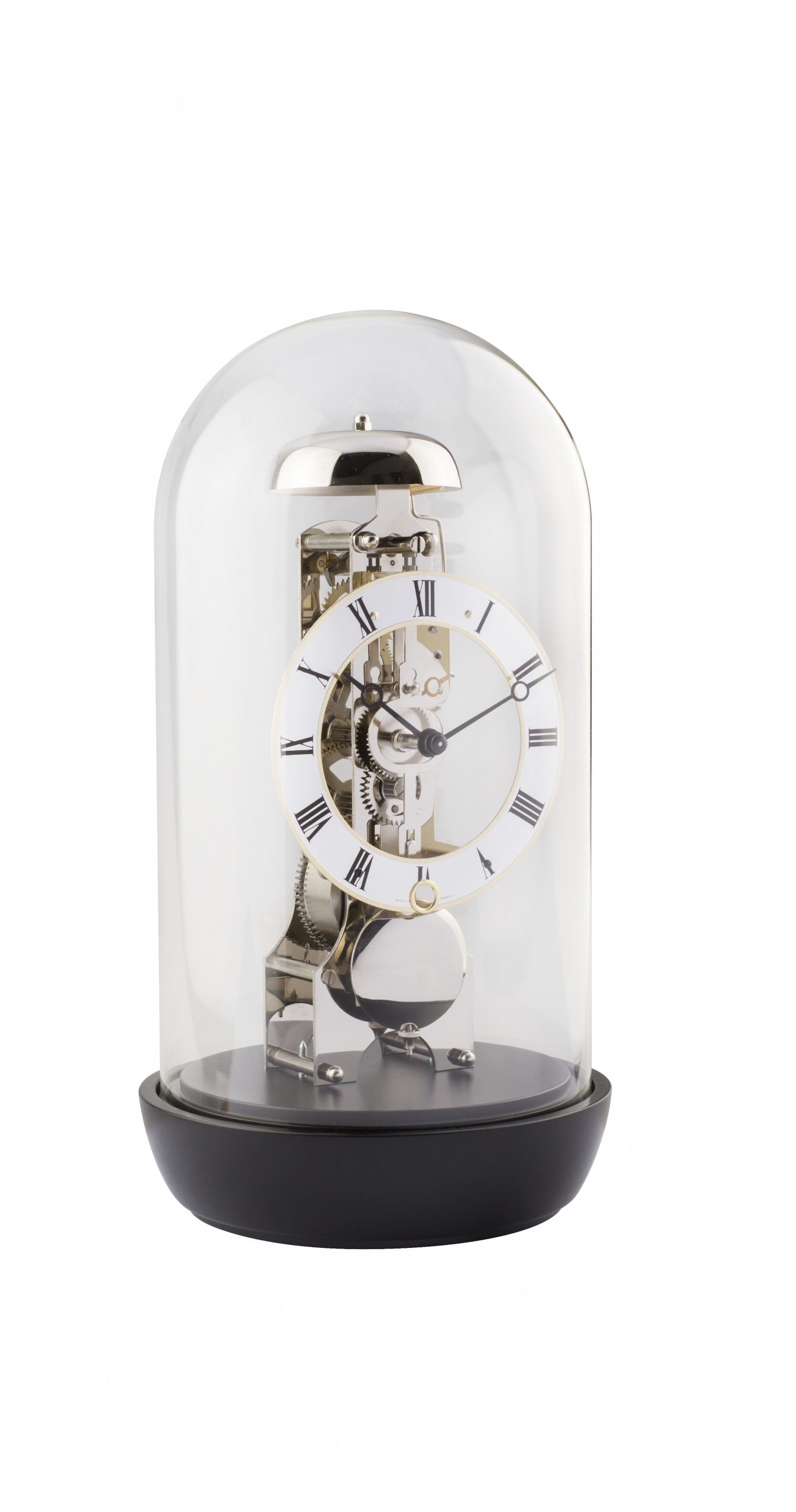 Black and nickel skeleton mantle clock