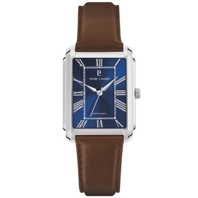 Pierre Lannier Empire Men's Quartz Watch, Silver, Blue Dial, Brown Leather Strap 212G164