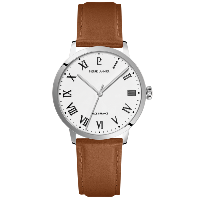 Pierre Lannier Interval Men's Quartz Watch, White Dial, Brown Leather Strap 255G104