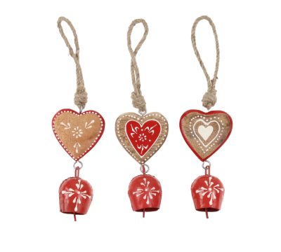 Assorted Wooden Heart with Red Bell (10cm)