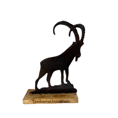 Metal Alpine Mountain Goat on Wooden Base 27cm