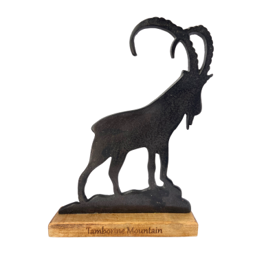 Metal Alpine Mountain Goat on Wooden Base 34cm